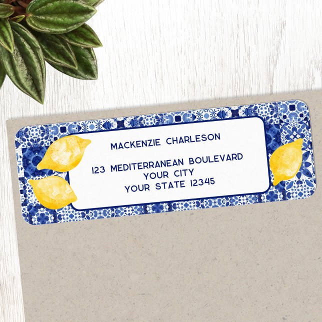 Mediterranean Lemon Ceramic Tile Return Address Return Address Label (Modern Mediterranean lemon citrus watercolor blue and white tile personalize return address labels)