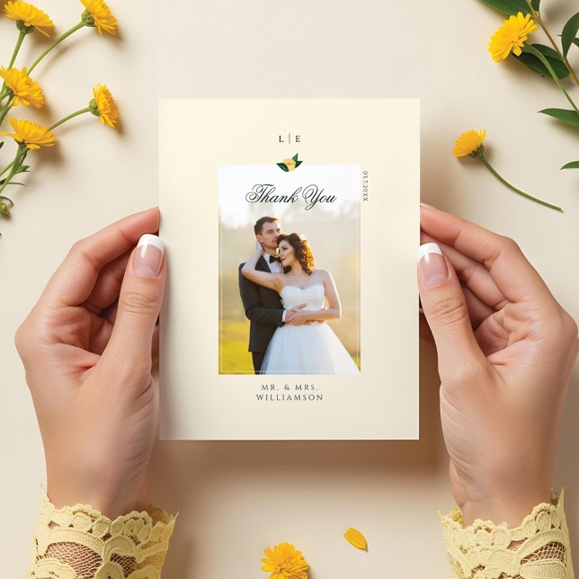 Mediterranean Lemon Citrus Wedding Photo Thank You Postcard (Lemon Blossom Floral Tree Elegant Wedding Photo Postcard)