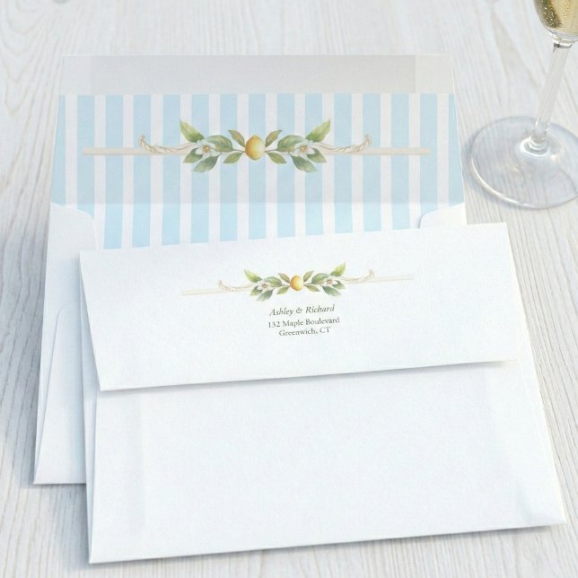 Mediterranean Lemon Coastal Stripe Return Address Envelope (elegant mediterranean citrus lemon blue stripe coastal wedding RSVP self addressed return envelope)