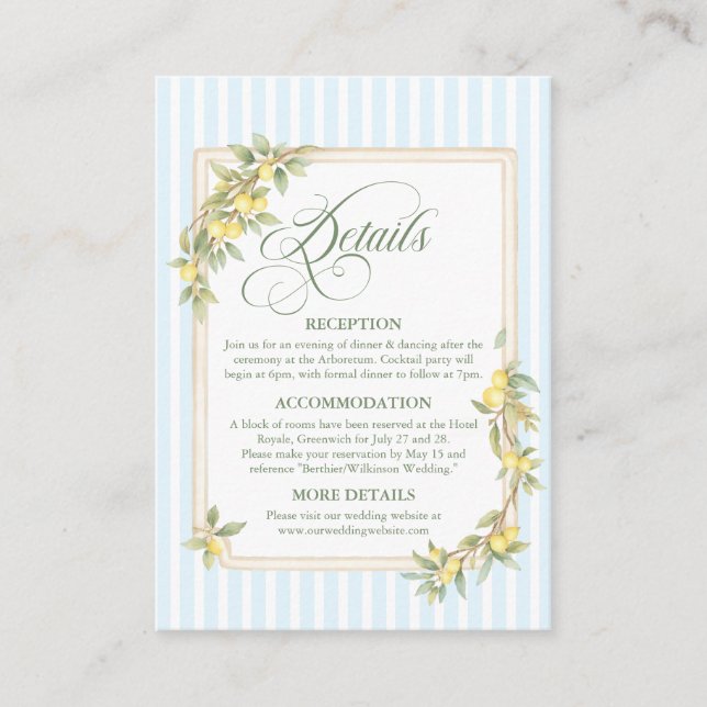 Mediterranean Lemon Coastal Wedding Details Enclosure Card (Front)