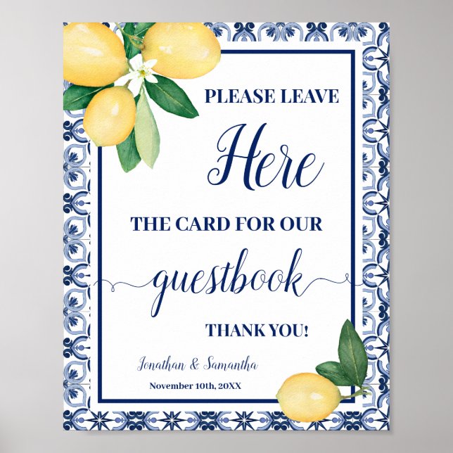 Mediterranean Lemon Leave Card Here Wedding Shower Poster (Front)