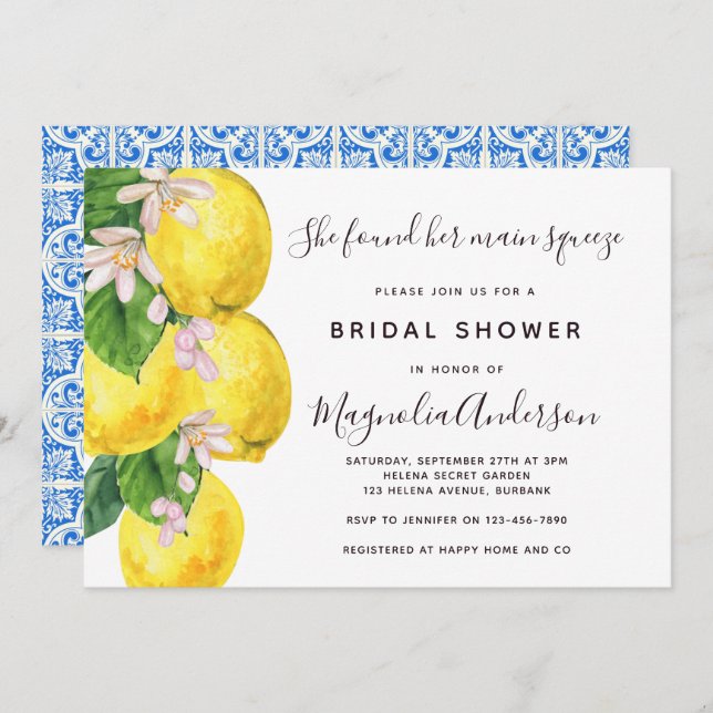 Mediterranean Lemon Main Squeeze Bridal Shower Invitation (Front/Back)