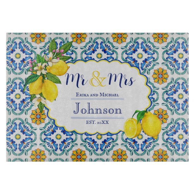 Mediterranean Lemon Mr & Mrs Gift for Newlyweds Cutting Board (Front)