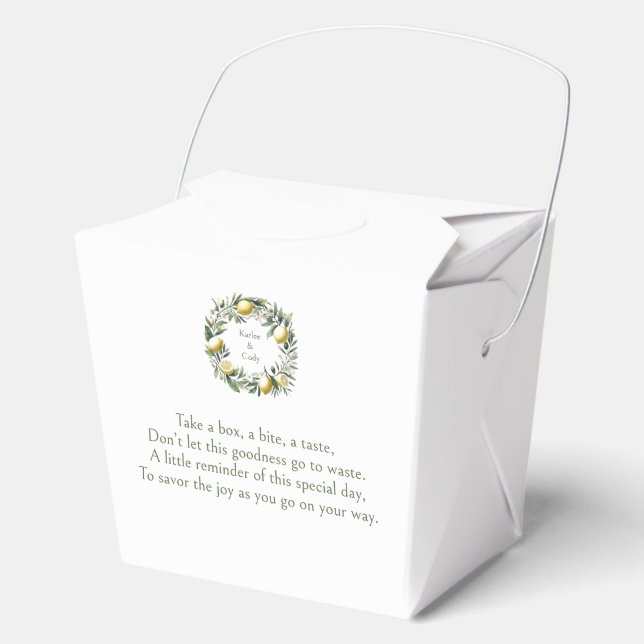 Mediterranean Lemon & Olive Take Me Home Leftover  Favour Box (Front)