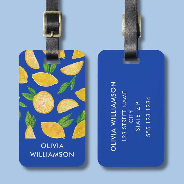 Mediterranean Lemon pattern Luggage Tag (Lemon pattern blue luggage tag with personalization)