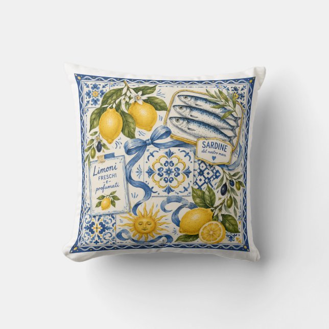 Mediterranean Lemon Sardine Tile Throw Pillow (Front)