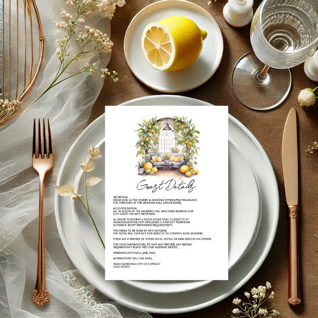 Mediterranean Lemon-Themed Wedding Guest Details Enclosure Card (Mediterranean Lemon-Themed Wedding Guest Details Enclosure Card)