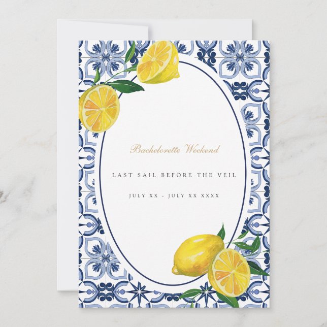 Mediterranean Lemon Tile Bachelorette Weekend Card (Front)