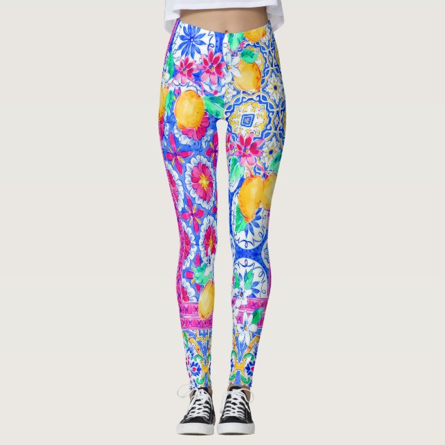 Mediterranean Lemon & Tile Dolce Pattern Leggings (Front)
