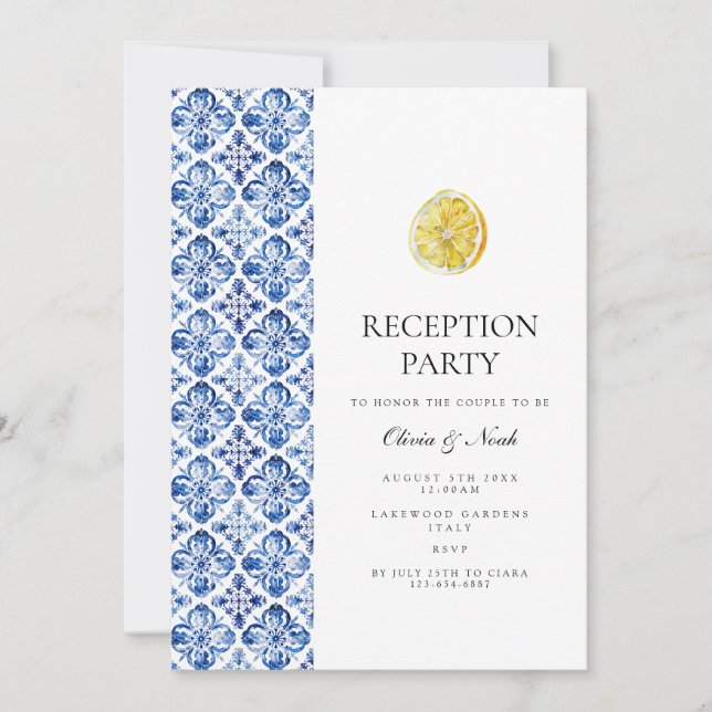 Mediterranean Lemon Tile Reception Invitation Card (Front)