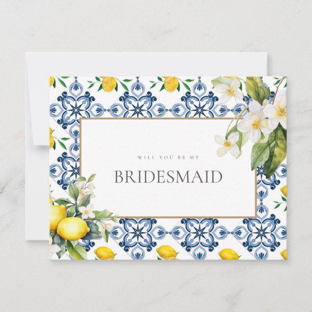 Mediterranean Lemon Tiles Bridesmaid Proposal Card (Front)