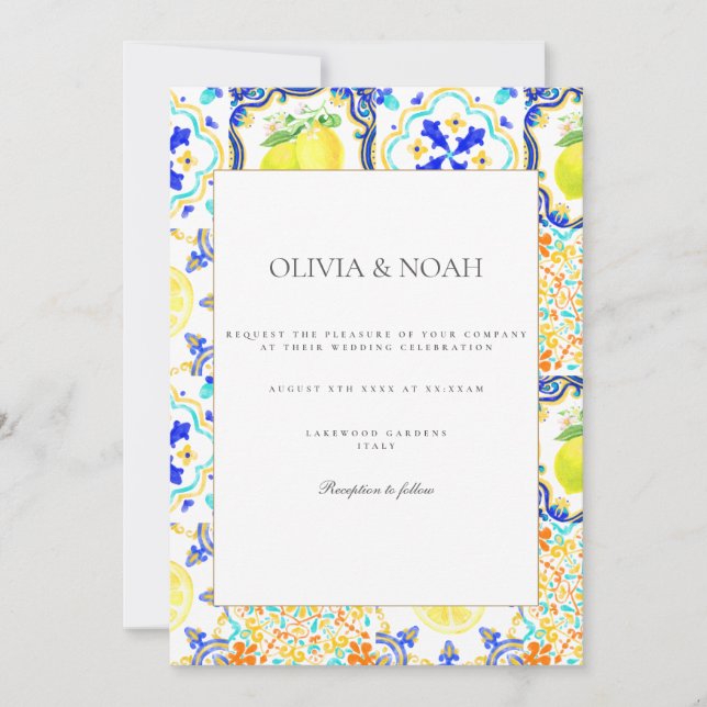 Mediterranean Lemon Tiles Wedding Invitation (Front)