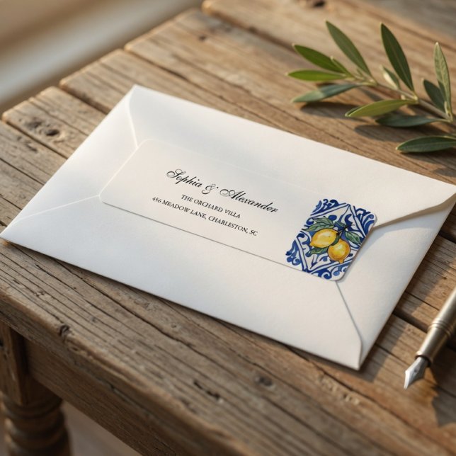 Mediterranean Lemon Wedding  Blue  Return Address Label (Creator Uploaded)