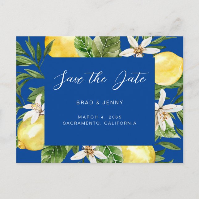 Mediterranean Lemon Wedding Blue Save the Date  Invitation Postcard (Front)
