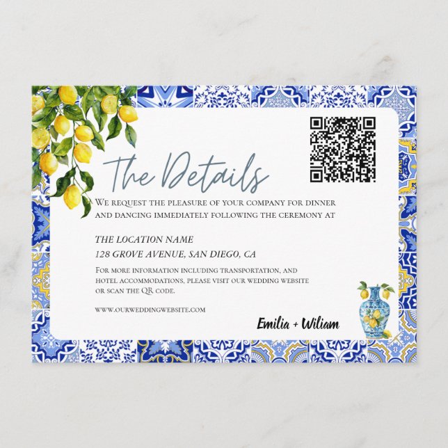 Mediterranean Lemon Wedding Details QR Code Enclosure Card (Front)