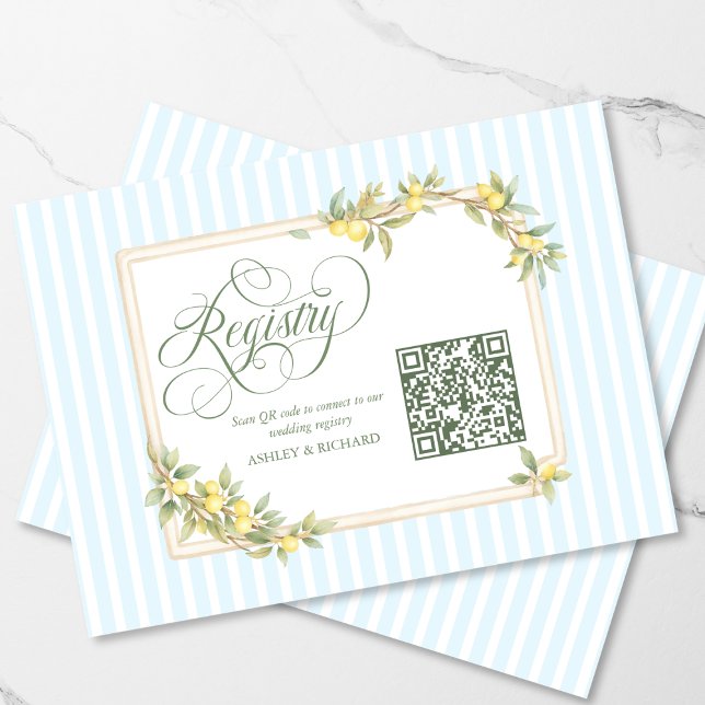 Mediterranean Lemon Wedding Registry QR Code Enclosure Card (elegant personalized Mediterranean lemon coastal stripe wedding registry QR code enclosure card)