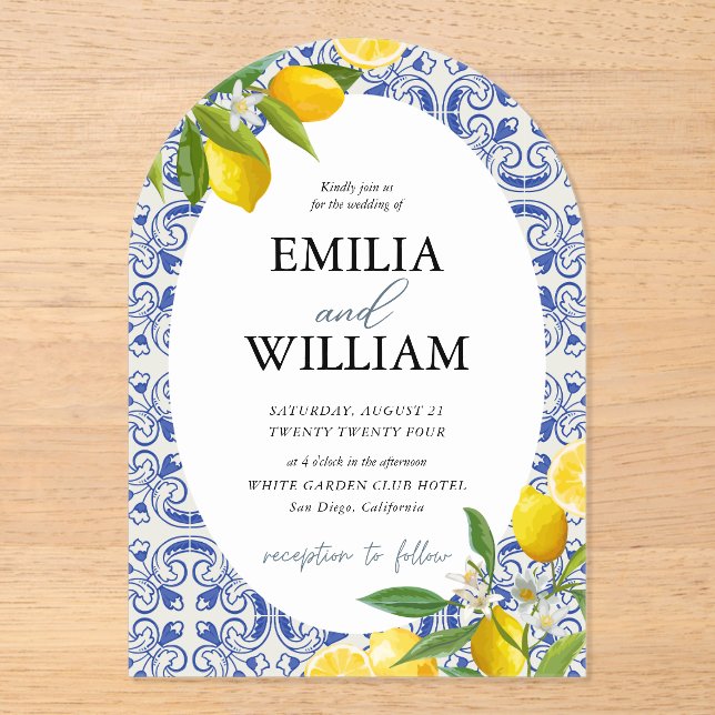 Mediterranean Lemon Wedding Summer Acrylic Invitations (Front)