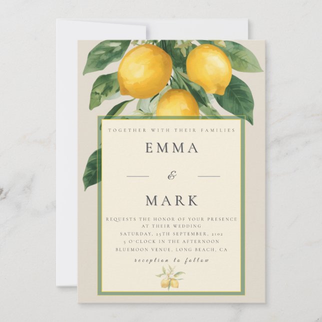 Mediterranean Lemon with QR Code | Beige Invitation (Front)
