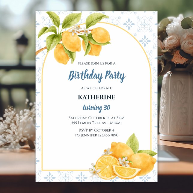 Mediterranean Lemon Yellow Citrus Birthday Party Invitation (Creator Uploaded)
