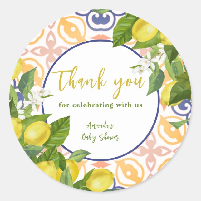 Mediterranean Lemon Yellow Fruit Baby Shower Classic Round Sticker (Front)