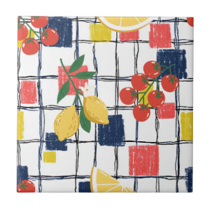 Mediterranean Lemons and Tomatoes Plaid Ceramic Tile