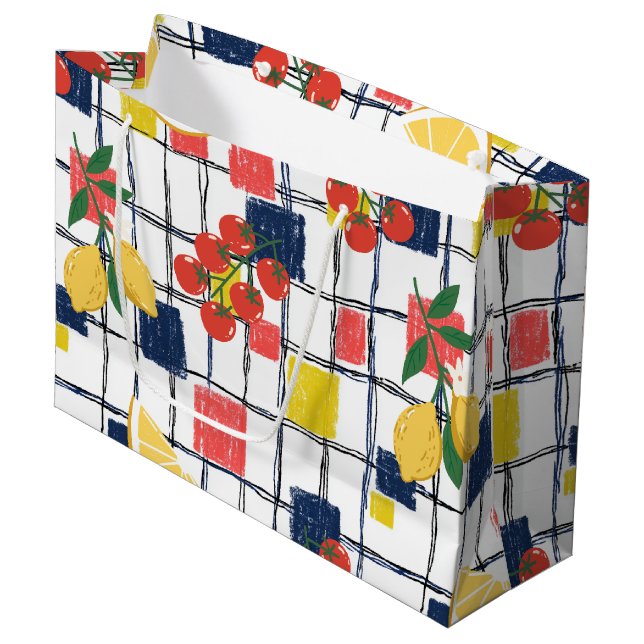 Mediterranean Lemons and Tomatoes Plaid Large Gift Bag (Front Angled)