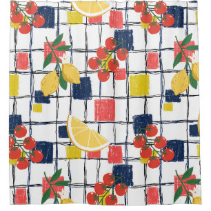 Mediterranean Lemons and Tomatoes Plaid Shower Curtain