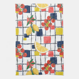 Mediterranean Lemons and Tomatoes Plaid Tea Towel