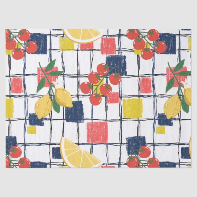 Mediterranean Lemons and Tomatoes Plaid Tissue Paper (Front)