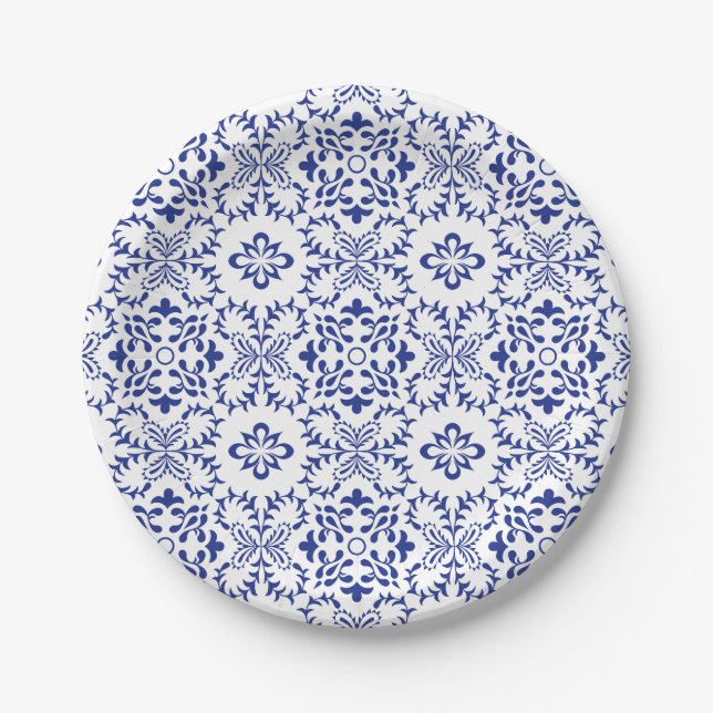 Mediterranean Lemons Blue Mosaic Tile Wedding Paper Plate (Front)