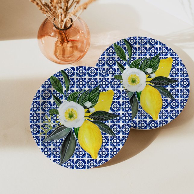 Mediterranean Lemons Blue Tile Paper Plate (Creator Uploaded)