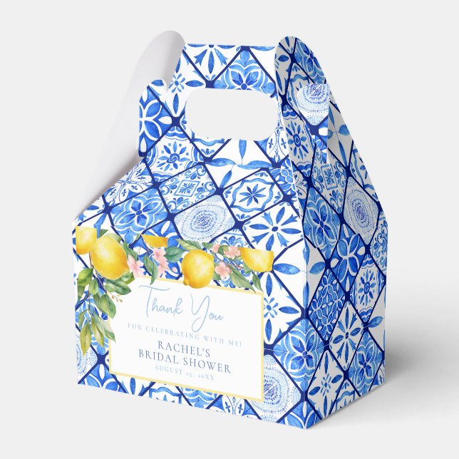 Mediterranean Lemons Blue Tiles Bridal Shower Favour Box (Front Side)