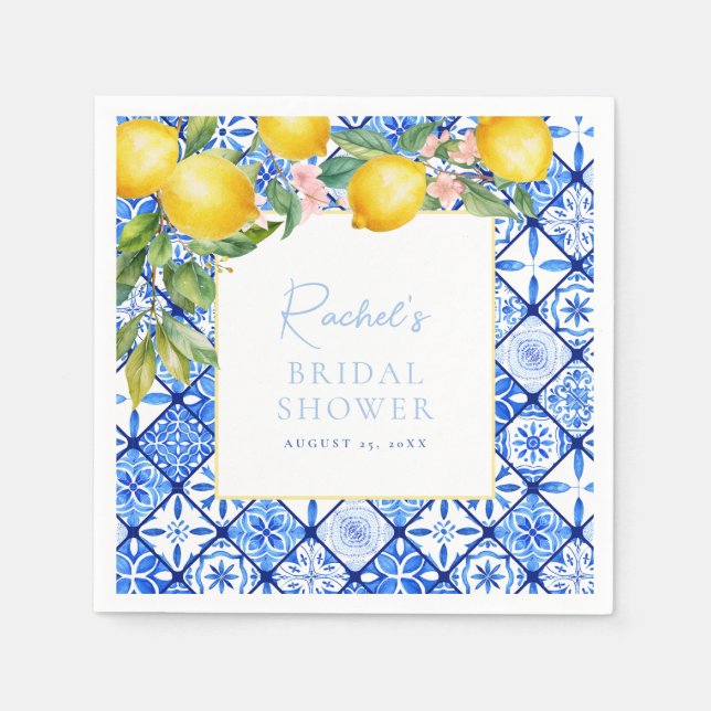Mediterranean Lemons Blue Tiles Bridal Shower Napkin (Front)