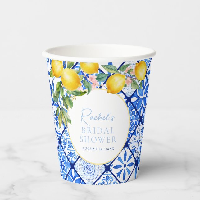 Mediterranean Lemons Blue Tiles Bridal Shower Paper Cups (Front)
