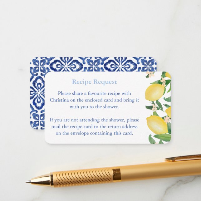Mediterranean Lemons Blue Tiles Recipe Request Enclosure Card (Front/Back In Situ)