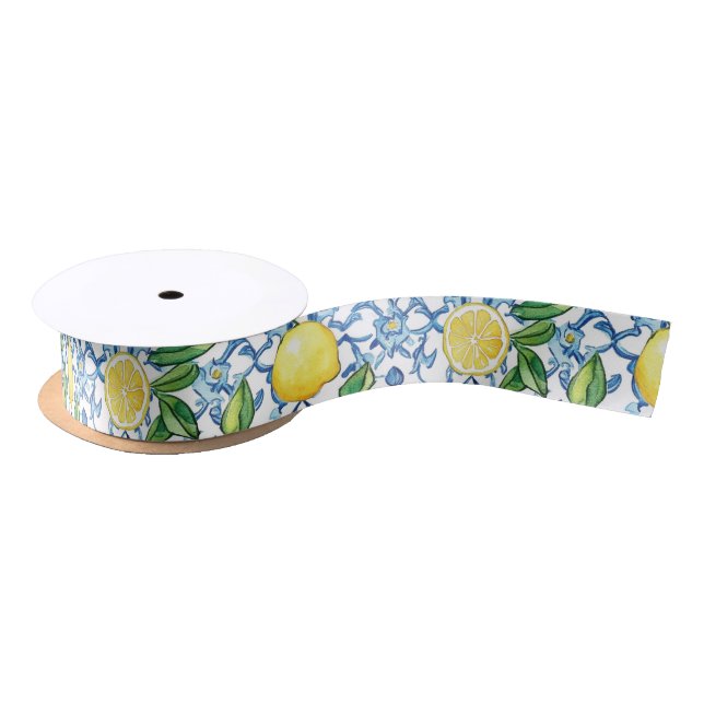 Mediterranean Lemons Blue Tiles Satin Ribbon (Spool)