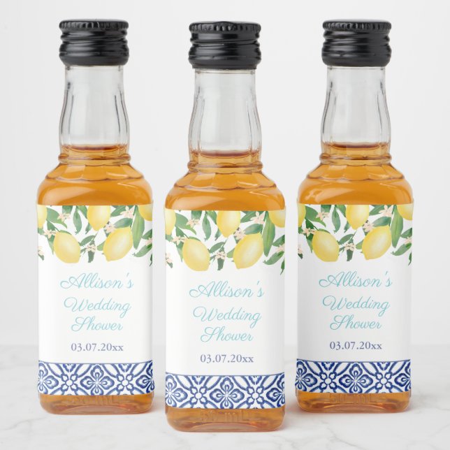 Mediterranean Lemons Blue Tiles Teal Bridal Shower Liquor Bottle Label (Bottles)