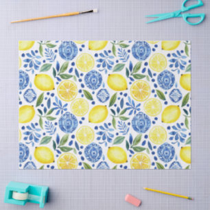 Mediterranean Lemons Blue Tiles Tissue Paper