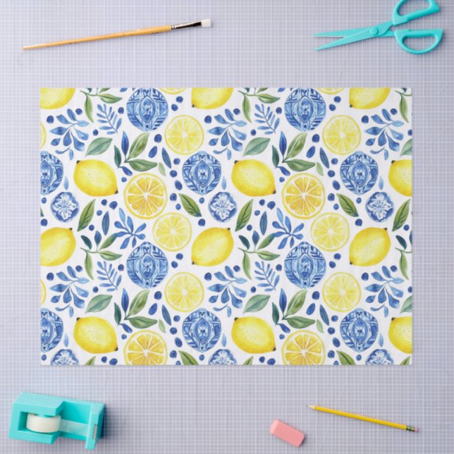 Mediterranean Lemons Blue Tiles Tissue Paper (Craft)