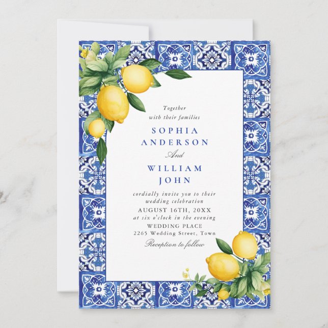 Mediterranean Lemons Blue Tiles Wedding Invitation (Front)