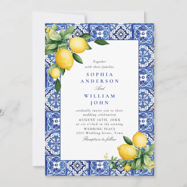 Mediterranean Lemons Blue Tiles Wedding Invitation | Zazzle