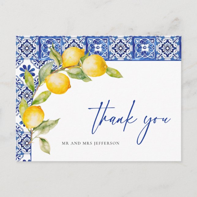 Mediterranean Lemons Blue Tiles Wedding Thank You Postcard (Front)