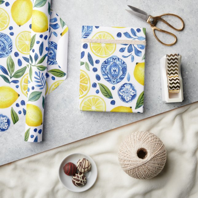 Mediterranean Lemons Blue Tiles Wrapping Paper (Crafts)