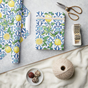 Mediterranean Lemons Blue Tiles Wrapping Paper