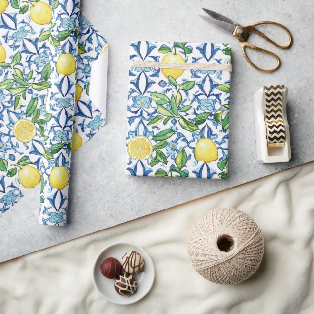 Mediterranean Lemons Blue Tiles Wrapping Paper (Crafts)