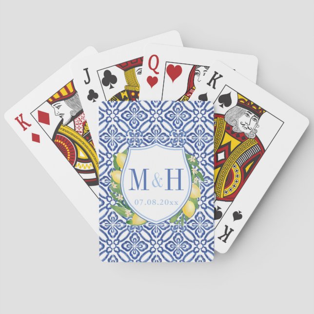 Mediterranean Lemons Blue White Tile Wedding Logo Playing Cards (Back)