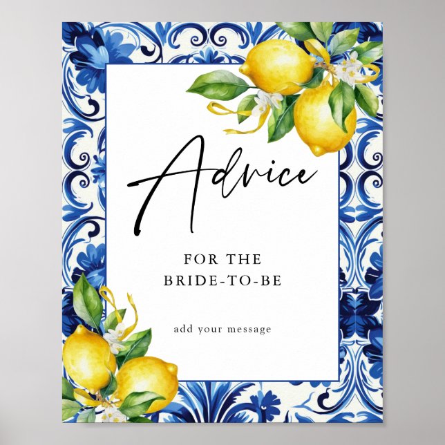 Mediterranean Lemons Bridal Shower Advice Sign (Front)