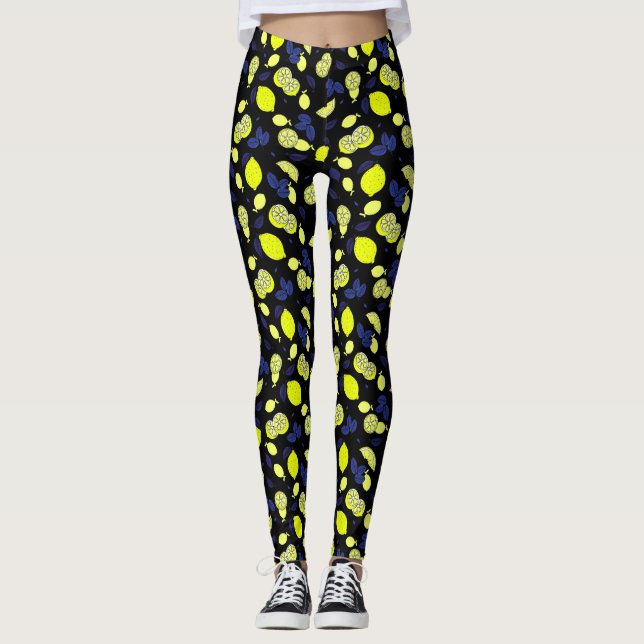 Mediterranean Lemons Leaves Blue Black Yellow Leggings (Front)
