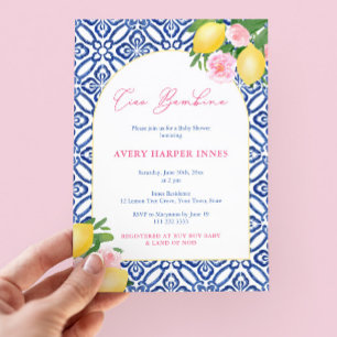 Mediterranean Lemons Pink Girl Baby Shower Invitation