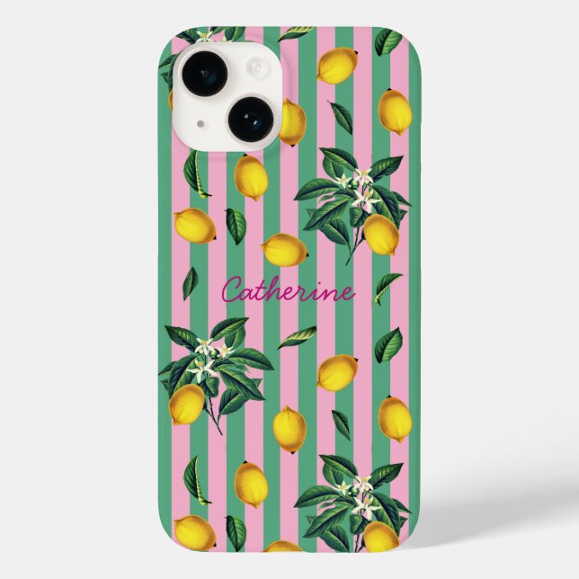 Mediterranean Lemons Pink Green Stripes Name Case-Mate iPhone Case (Back)